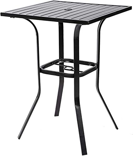 SOLAURA Outdoor Patio Bar Height Table Patio Slat Table Top/Metal Frame, Umbrella Hole for Lawns, Poolside, Deck, Garden