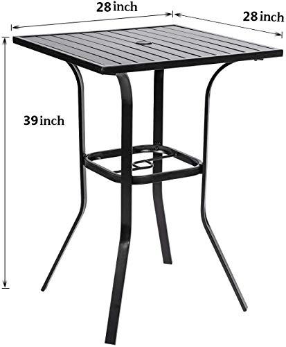 SOLAURA Outdoor Patio Bar Height Table Patio Slat Table Top/Metal Frame, Umbrella Hole for Lawns, Poolside, Deck, Garden