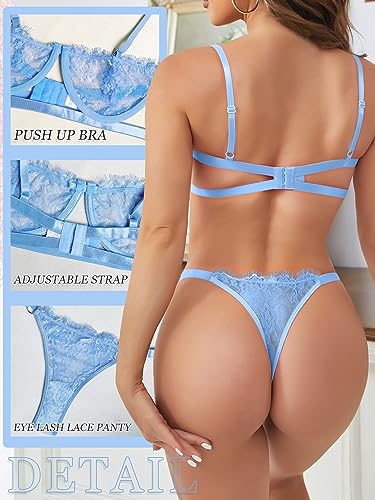 Dlsave Sexy Lingerie for Women Eyelash Lace Mesh Matching Bra and Panty Sets Push Up Lace Bralette 2 Piece Lingerie Set Lblue