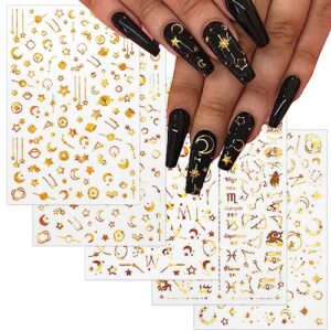 tailaimei 12 sheets gold moon star nail stickers, 3d metallic laser self-adhesive nail art decals for women manicure diy or nail salon(1000pcs)