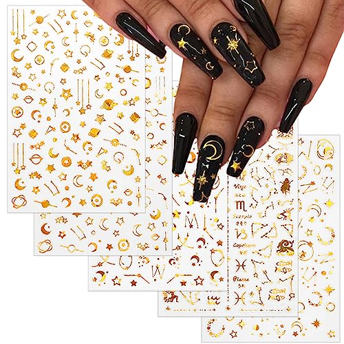 TailaiMei 12 Sheets Gold Moon Star Nail Stickers, 3D Metallic Laser Self-Adhesive Nail Art Decals for Women Manicure DIY or Nail Salon(1000Pcs)