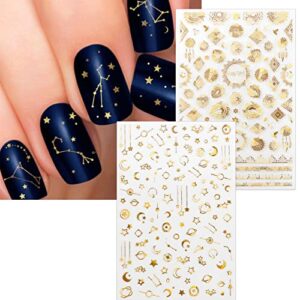 TailaiMei 12 Sheets Gold Moon Star Nail Stickers, 3D Metallic Laser Self-Adhesive Nail Art Decals for Women Manicure DIY or Nail Salon(1000Pcs)