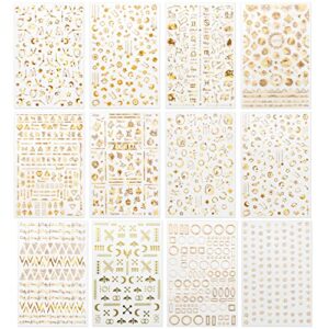 TailaiMei 12 Sheets Gold Moon Star Nail Stickers, 3D Metallic Laser Self-Adhesive Nail Art Decals for Women Manicure DIY or Nail Salon(1000Pcs)