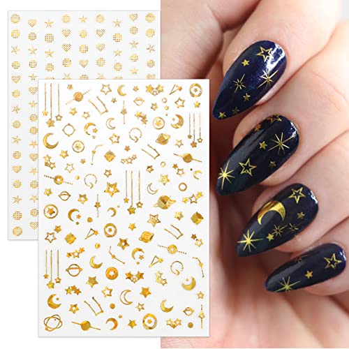 TailaiMei 12 Sheets Gold Moon Star Nail Stickers, 3D Metallic Laser Self-Adhesive Nail Art Decals for Women Manicure DIY or Nail Salon(1000Pcs)