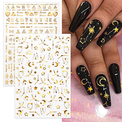 TailaiMei 12 Sheets Gold Moon Star Nail Stickers, 3D Metallic Laser Self-Adhesive Nail Art Decals for Women Manicure DIY or Nail Salon(1000Pcs)