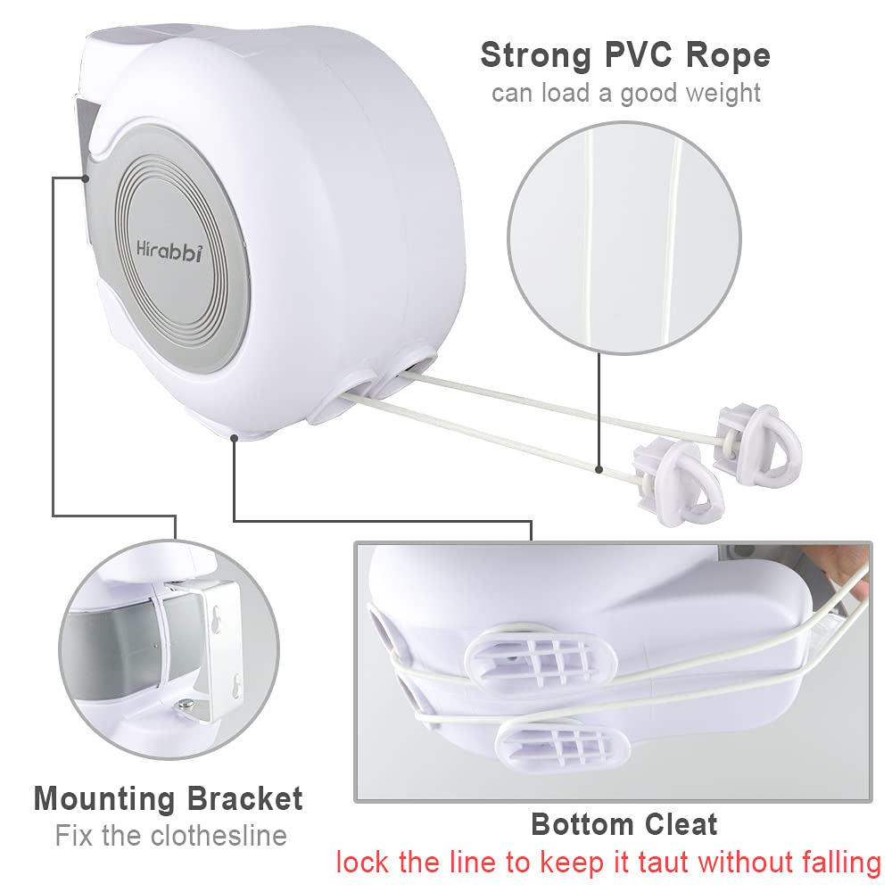 Retractable Clothesline 2x49 Feet Outdoor Indoor, Dual Heavy Duty Clotheslines for Laundry Drying, Wall-Mounted Portable Easy Installation Washing Lines Rope (98FT White)