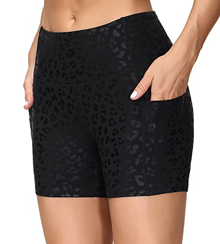 THE GYM PEOPLE High Waist Yoga Shorts for Women Tummy Control Fitness Athletic Workout Running Shorts with Deep Pockets (Large, Black spot Leopard)