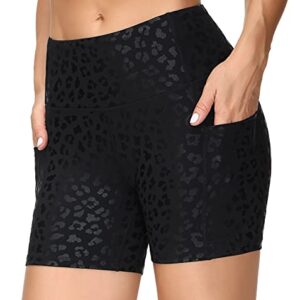 THE GYM PEOPLE High Waist Yoga Shorts for Women Tummy Control Fitness Athletic Workout Running Shorts with Deep Pockets (Large, Black spot Leopard)