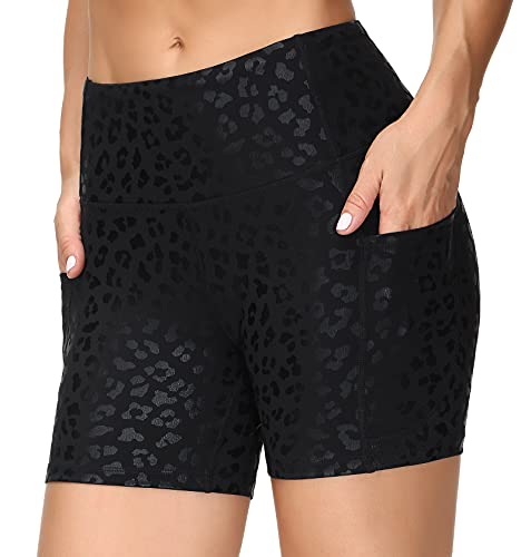 THE GYM PEOPLE High Waist Yoga Shorts for Women Tummy Control Fitness Athletic Workout Running Shorts with Deep Pockets (Large, Black spot Leopard)