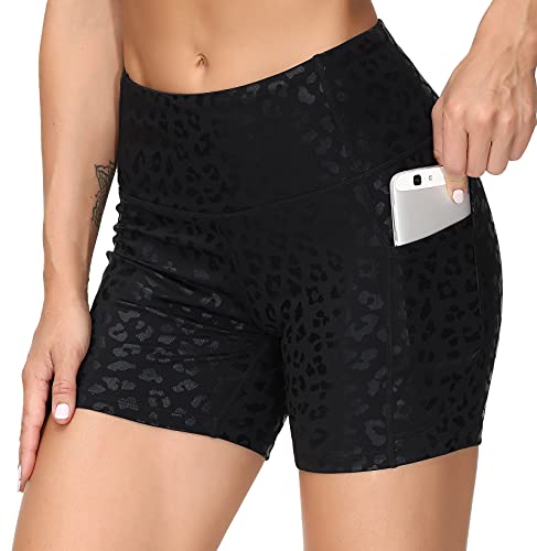 THE GYM PEOPLE High Waist Yoga Shorts for Women Tummy Control Fitness Athletic Workout Running Shorts with Deep Pockets (Large, Black spot Leopard)