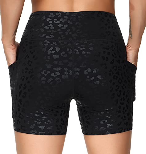 THE GYM PEOPLE High Waist Yoga Shorts for Women Tummy Control Fitness Athletic Workout Running Shorts with Deep Pockets (Large, Black spot Leopard)