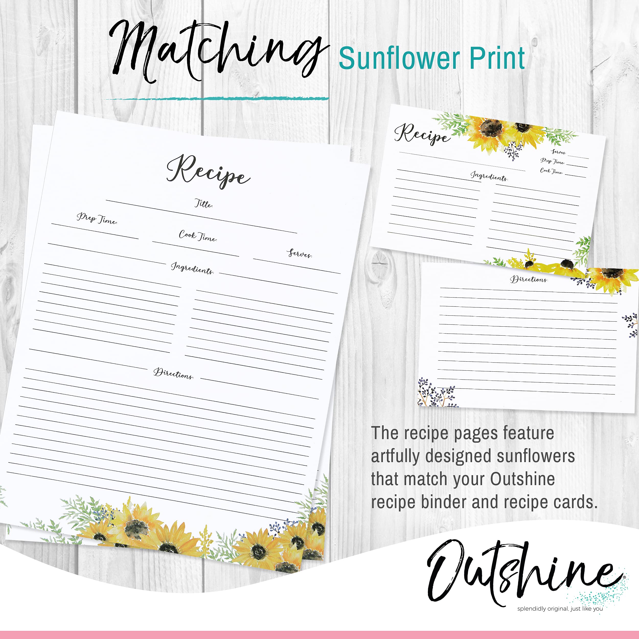 Outshine Premium Recipe Paper for 8.5" x 11" Recipe Binders, Sunflower Design (50 Sheets) | Refill Pages for Recipe Binder | No-Smear Matte Paper | Great Gift for Mom, Sister, Daughter, Friend