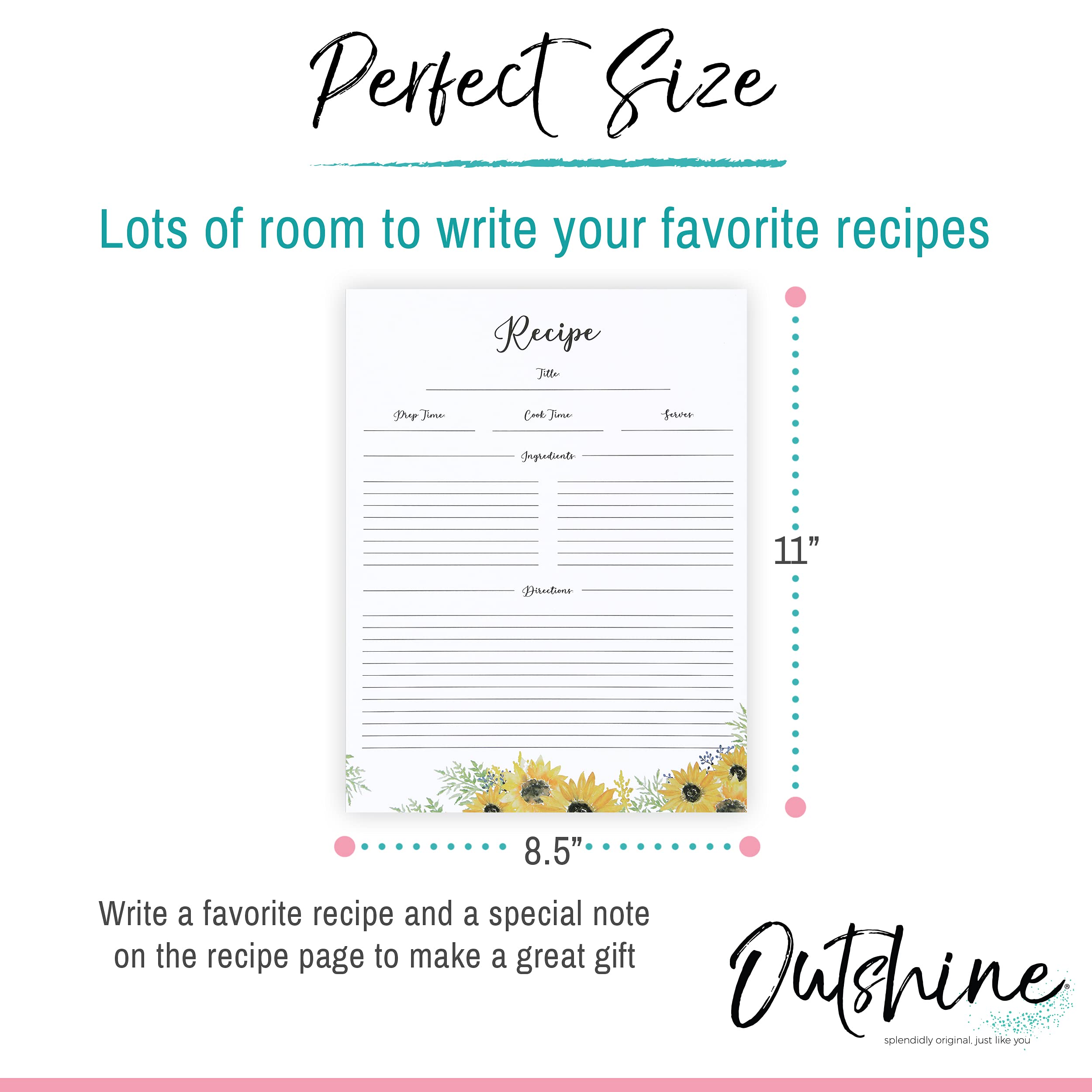 Outshine Premium Recipe Paper for 8.5" x 11" Recipe Binders, Sunflower Design (50 Sheets) | Refill Pages for Recipe Binder | No-Smear Matte Paper | Great Gift for Mom, Sister, Daughter, Friend