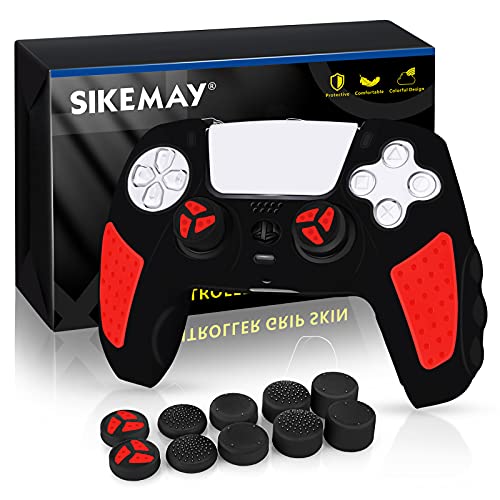 SIKEMAY PS5 Controller Cover Skin, Anti-Slip Thicken Silicone Protective Cover Case Perfectly Compatible with Playstation 5 Dualsense Controller Grip with 10 x Thumb Grip Caps (Black-Red)