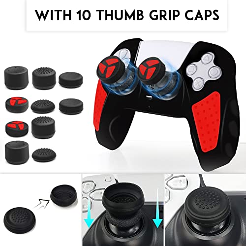 SIKEMAY PS5 Controller Cover Skin, Anti-Slip Thicken Silicone Protective Cover Case Perfectly Compatible with Playstation 5 Dualsense Controller Grip with 10 x Thumb Grip Caps (Black-Red)