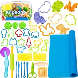 kilpkonn dough tool kit for kids, 41pcs dough accessories molds, shape, scissors, rolling pin, dough mat with storage bag, party pack playset for toddlers girls boys