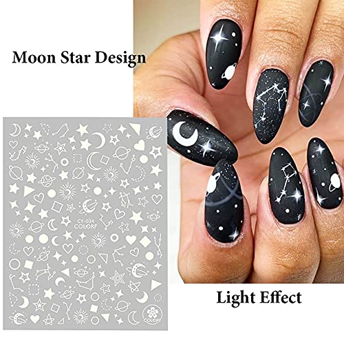 XJL 6 Sheets Luminous Flame Stars Moon Flowers Nail Art Stickers, 3D Self Adhesive Fire Constellation Star Butterfly Flower Heart Nail Design For Women Girls, Glow in Night, DIY Nail Decoration