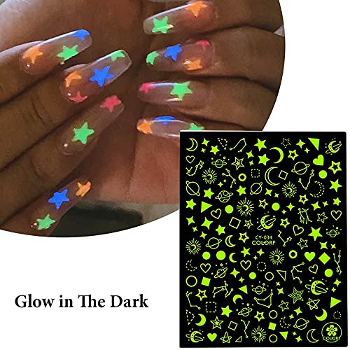 XJL 6 Sheets Luminous Flame Stars Moon Flowers Nail Art Stickers, 3D Self Adhesive Fire Constellation Star Butterfly Flower Heart Nail Design For Women Girls, Glow in Night, DIY Nail Decoration