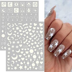 XJL 6 Sheets Luminous Flame Stars Moon Flowers Nail Art Stickers, 3D Self Adhesive Fire Constellation Star Butterfly Flower Heart Nail Design For Women Girls, Glow in Night, DIY Nail Decoration