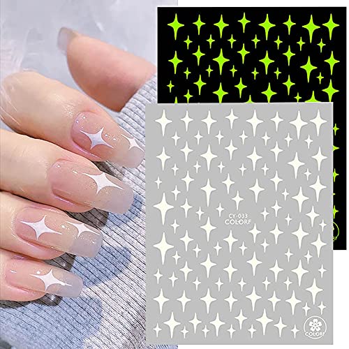 XJL 6 Sheets Luminous Flame Stars Moon Flowers Nail Art Stickers, 3D Self Adhesive Fire Constellation Star Butterfly Flower Heart Nail Design For Women Girls, Glow in Night, DIY Nail Decoration