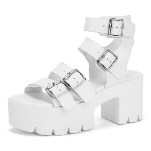 readysalted chunky platform sandals for women comfortable gladiator open toe high heeled with buckle ankle strap block summer(jaffa10-white-07)
