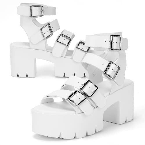 READYSALTED Chunky Platform Sandals for Women Comfortable Gladiator Open Toe High Heeled with Buckle Ankle Strap Block Summer(JAFFA10-White-07)