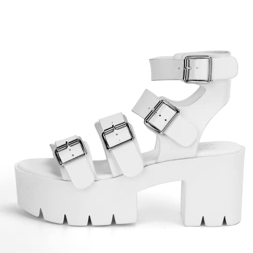 READYSALTED Chunky Platform Sandals for Women Comfortable Gladiator Open Toe High Heeled with Buckle Ankle Strap Block Summer(JAFFA10-White-07)