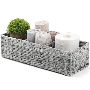[larger compartments] toilet tank topper paper basket - multiuse hand woven plastic wicker basket with divider for organizing, rustic farmhouse bathroom decor, countertop organizer storage, gray wash