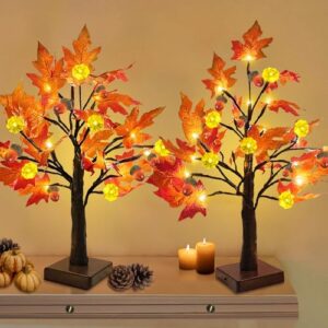 [ timer ] 2 pack 22 inch prelit lighted maple tree fall halloween decor fall tree 48 leds battery operated 12 exclusive patent pumpkins 12 acorns orange red maple tree thanksgiving decor indoor home