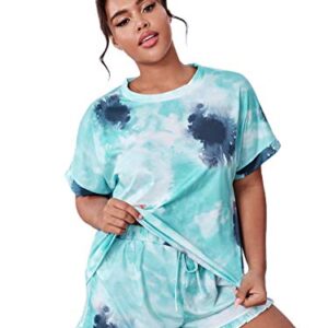 MakeMeChic Women Plus Size 2 Piece Pajamas Sets Tie Dye Short Sleeve Top & Shorts Loungewear Sleepwear Blue X-Large