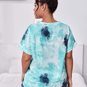 MakeMeChic Women Plus Size 2 Piece Pajamas Sets Tie Dye Short Sleeve Top & Shorts Loungewear Sleepwear Blue X-Large