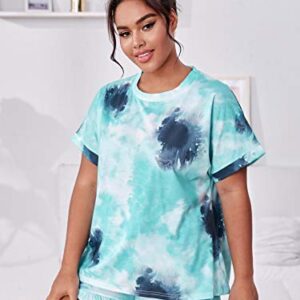 MakeMeChic Women Plus Size 2 Piece Pajamas Sets Tie Dye Short Sleeve Top & Shorts Loungewear Sleepwear Blue X-Large