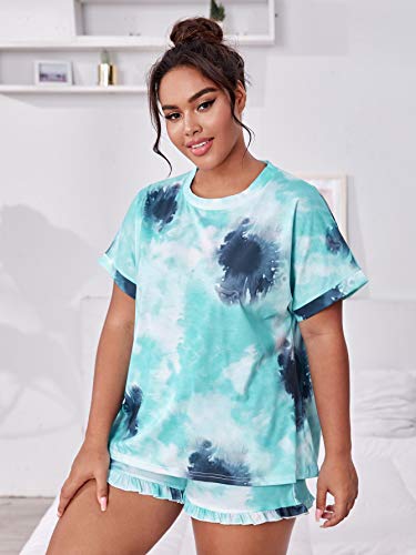 MakeMeChic Women Plus Size 2 Piece Pajamas Sets Tie Dye Short Sleeve Top & Shorts Loungewear Sleepwear Blue X-Large