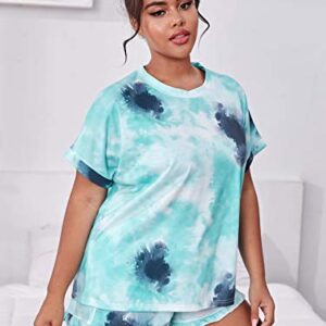 MakeMeChic Women Plus Size 2 Piece Pajamas Sets Tie Dye Short Sleeve Top & Shorts Loungewear Sleepwear Blue X-Large