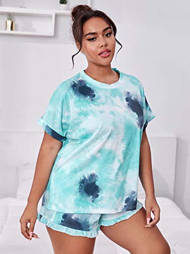 MakeMeChic Women Plus Size 2 Piece Pajamas Sets Tie Dye Short Sleeve Top & Shorts Loungewear Sleepwear Blue X-Large