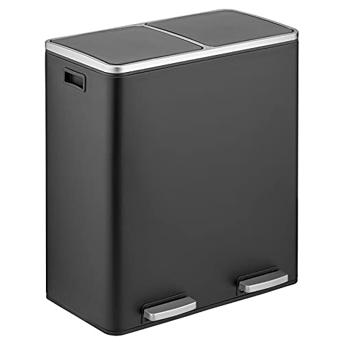 mDesign Metal Steel 16 Gallon/60-Liter, Large Dual Compartment Step Trash Can; Double Bin Trash Can/Recycler Combo for Kitchen; Holds Garbage, Recycling; Features Two Removable Liner Buckets - Black