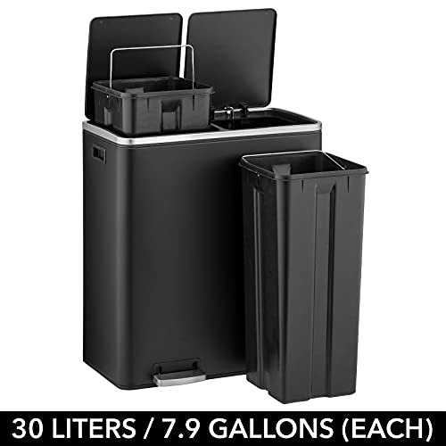 mDesign Metal Steel 16 Gallon/60-Liter, Large Dual Compartment Step Trash Can; Double Bin Trash Can/Recycler Combo for Kitchen; Holds Garbage, Recycling; Features Two Removable Liner Buckets - Black