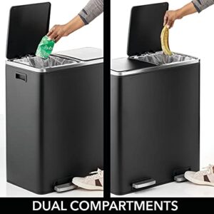 mDesign Metal Steel 16 Gallon/60-Liter, Large Dual Compartment Step Trash Can; Double Bin Trash Can/Recycler Combo for Kitchen; Holds Garbage, Recycling; Features Two Removable Liner Buckets - Black