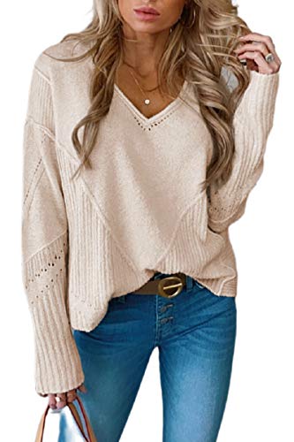 Niceyi Women's Casual Knitwear Pullover Sweater Soild Color V-Neck Loose Long Sleeve Knit Jumper Tops (Beige,Medium,Medium)