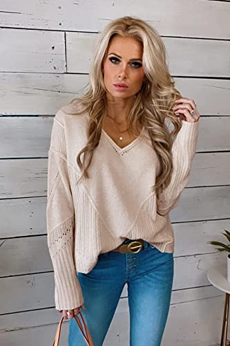 Niceyi Women's Casual Knitwear Pullover Sweater Soild Color V-Neck Loose Long Sleeve Knit Jumper Tops (Beige,Medium,Medium)