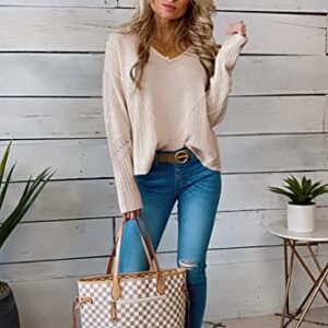 Niceyi Women's Casual Knitwear Pullover Sweater Soild Color V-Neck Loose Long Sleeve Knit Jumper Tops (Beige,Medium,Medium)