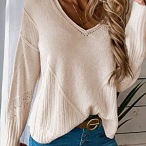 Niceyi Women's Casual Knitwear Pullover Sweater Soild Color V-Neck Loose Long Sleeve Knit Jumper Tops (Beige,Medium,Medium)