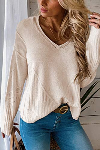 Niceyi Women's Casual Knitwear Pullover Sweater Soild Color V-Neck Loose Long Sleeve Knit Jumper Tops (Beige,Medium,Medium)