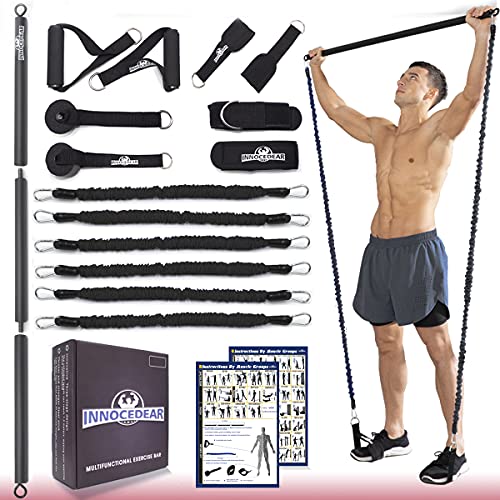 INNOCEDAR Home Gym Bar Kit with Resistance Bands,Portable Gym Full Body Workout,Adjustable Pilates Bar System,Safe Exercise Weight Set,Home Exercise Equipment for Men&Women- Muscle&Fitness (Black)