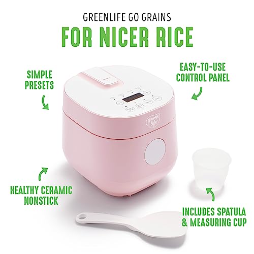 GreenLife Healthy Ceramic Nonstick 4-Cup Rice Oats and Grains Cooker, PFAS-Free, Dishwasher Safe Parts, Pink