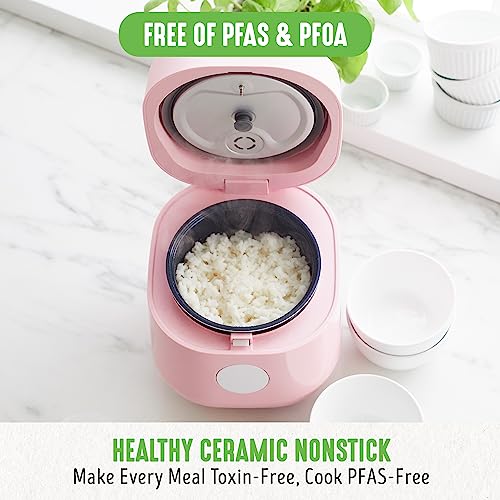 GreenLife Healthy Ceramic Nonstick 4-Cup Rice Oats and Grains Cooker, PFAS-Free, Dishwasher Safe Parts, Pink