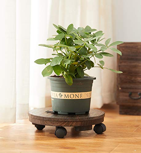 SINOBEST Wood Plant Caddy, Heavy Duty Rolling Planter Dolly with Rotating Casters, Movable Flower Pot Stand, Round Plant Rack with Wheels (10 Inch)