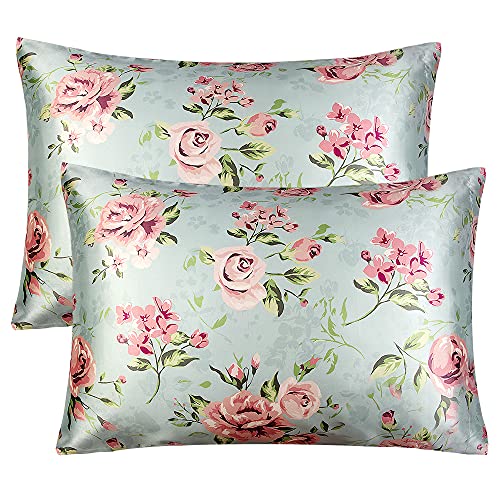 BEDELITE Satin Silk Pillowcase for Hair and Skin, Super Soft Pillow Cases Standard Size Set of 2 Pack, Floral Digital Printing Cooling Pillow Case Cover with Envelope Closure (Blush, 20x26 Inches)