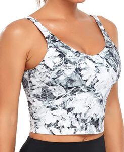 oalka sports bra womens longline padded crop tank yoga bras workout fitness top heart floral leaf white s