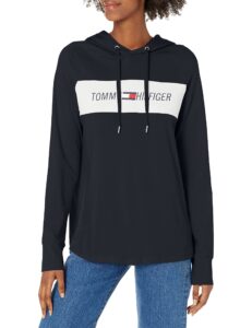 tommy hilfiger performance long sleeve hoodie – pullover sweaters for women with adjustable drawstring hood, classic navy, small